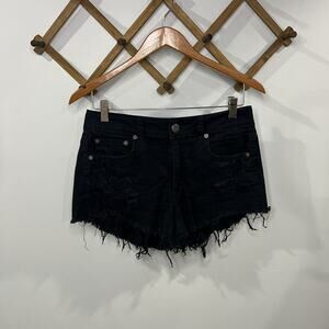 American Eagle Mom Shorts SZ 8 Denim Distressed Black Jean High Rise Stretch